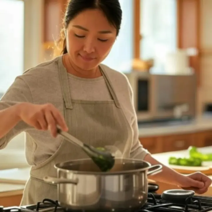Różne sceny kulinarne prezentujące garnki i patelnie w użytkowaniu w domowych kuchniach
