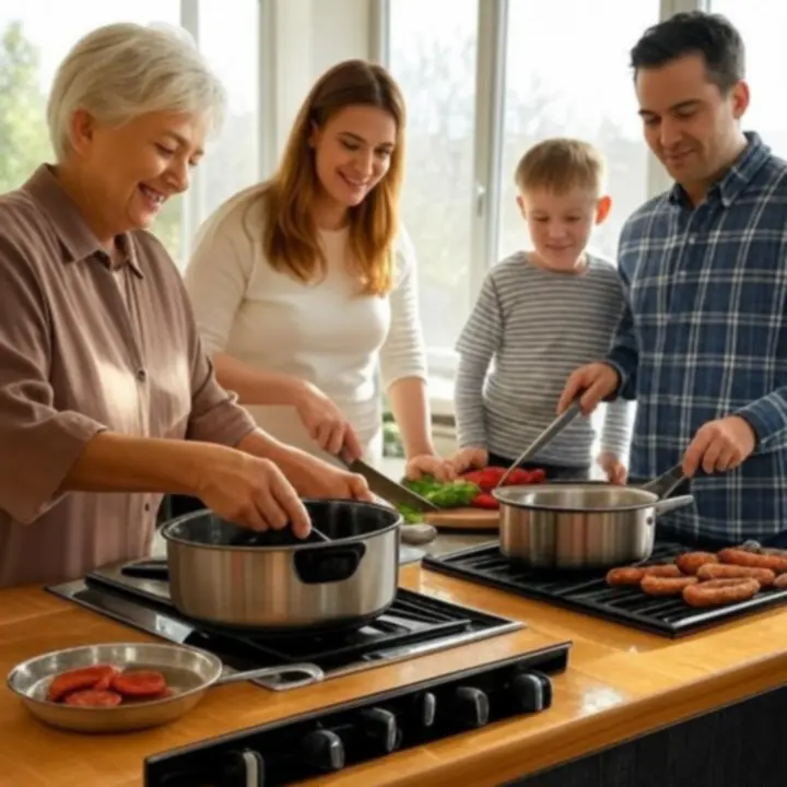 Polska rodzina wspólnie gotująca w jasnej kuchni z produktami Home Kitchen Line