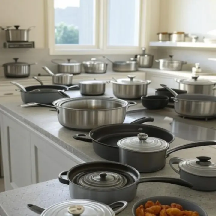 Nowoczesny zestaw garnków i patelni ustawiony na blacie w jasnej, współczesnej kuchni