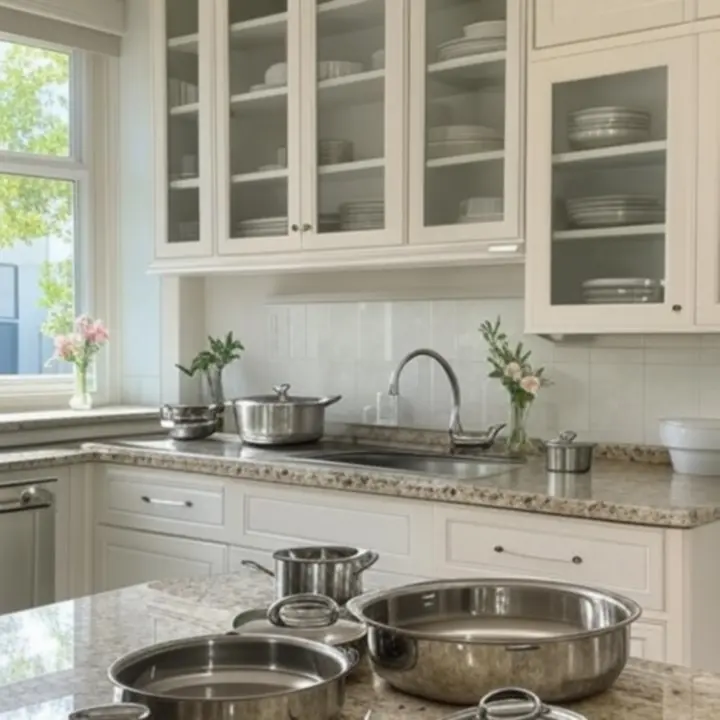 Nowoczesna, jasna kuchnia z eleganckimi garnkami i akcesoriami z oferty Home Kitchen Line