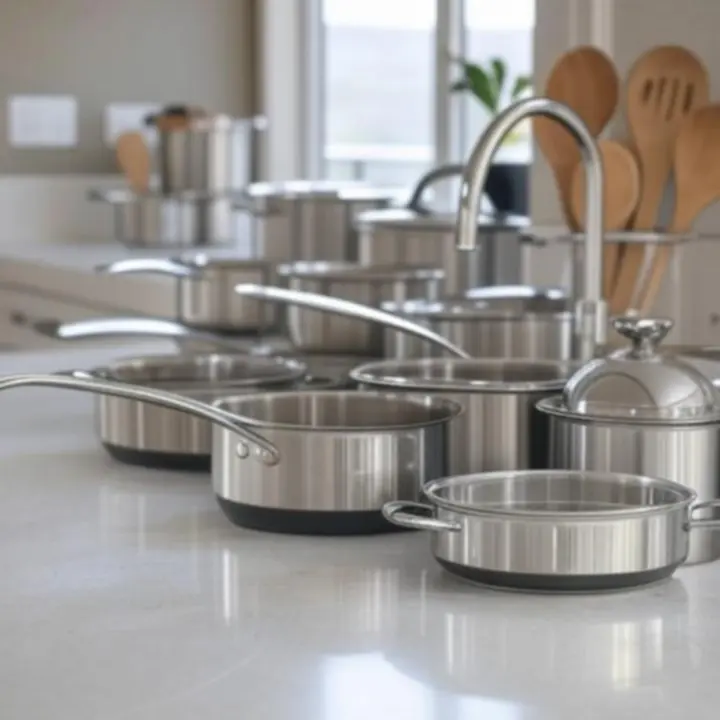 Nowoczesny zestaw garnków i patelni na blacie kuchennym