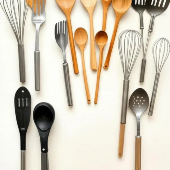 Różnorodne przybory kuchenne ułożone w zorganizowaną kompozycję