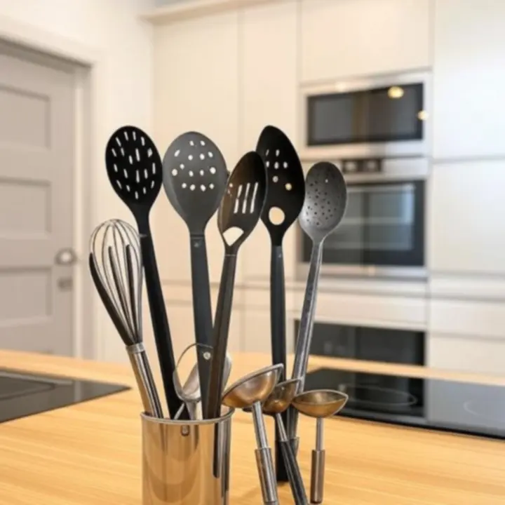 Zestaw nowoczesnych przyborów kuchennych na blacie kuchennym